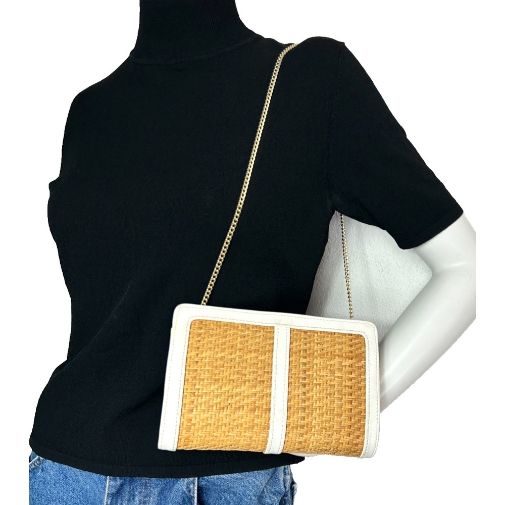 Vintage Neusteters White Leather Woven Straw Clutch Purse Chain Shoulder Bag 70s